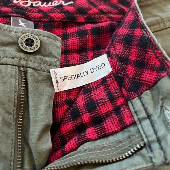 Eddie Bauer lined  Olive Chinos with Red Plaid flannel lining - Picture 5 of 15